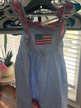 Great for Fourth of July! Girls Blue Gingham Sundress with Flag Appliqué
